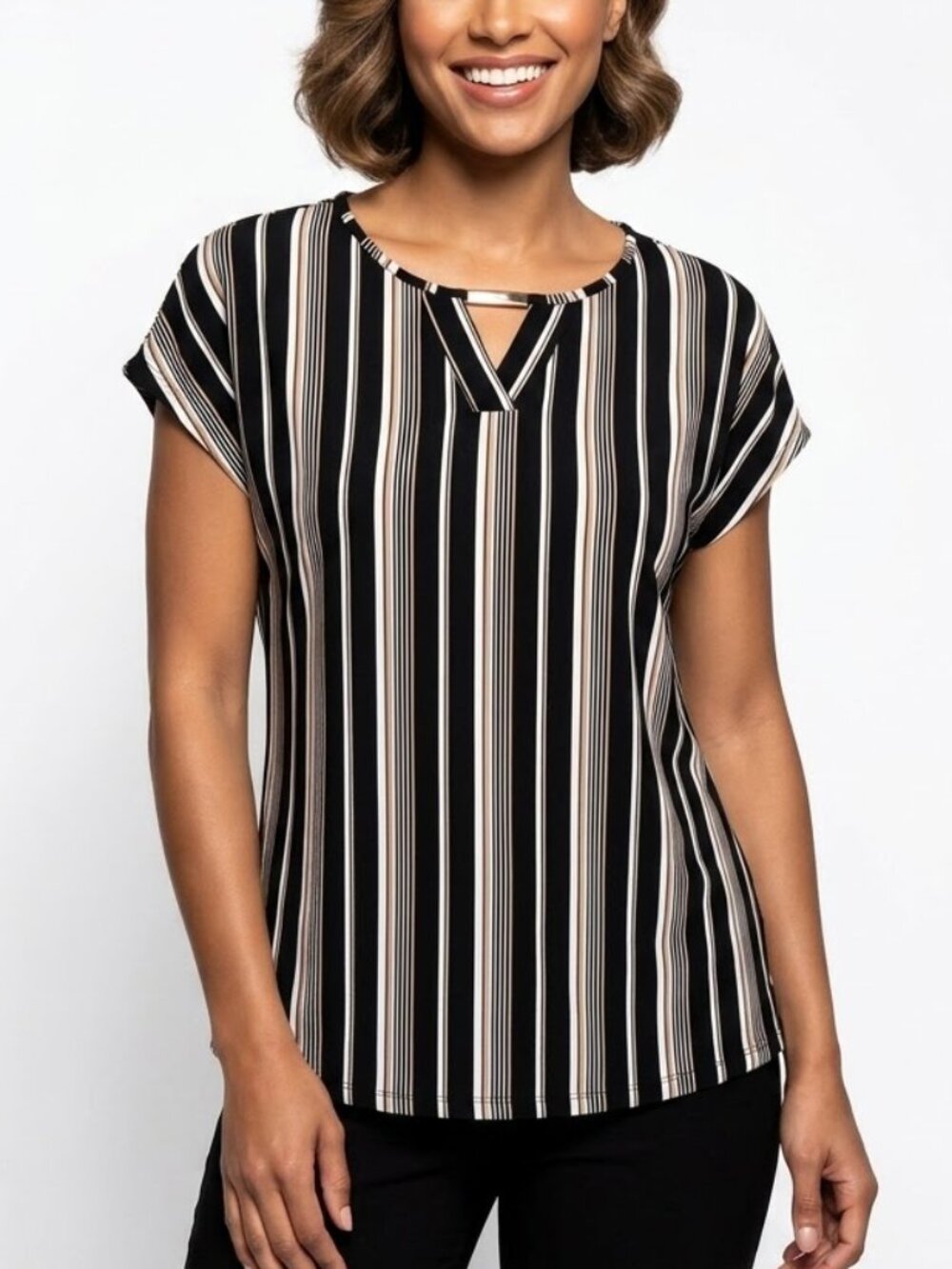 Liz Claiborne Minimalist Corporate Goth Striped Cap Sleeve Metal Detail Top XS